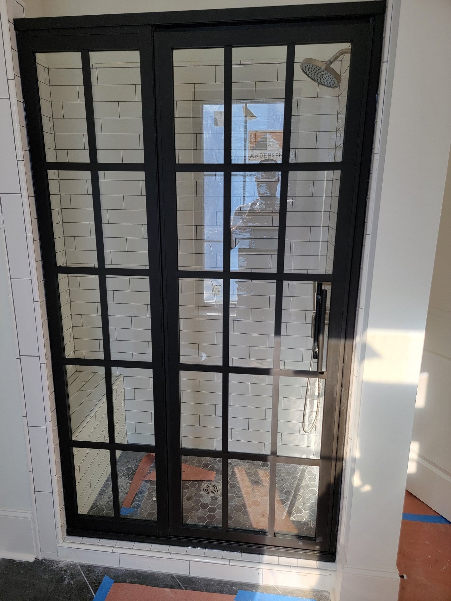 Gridscape GS1 Swing Shower Door and Panel in Black with Clear Glass