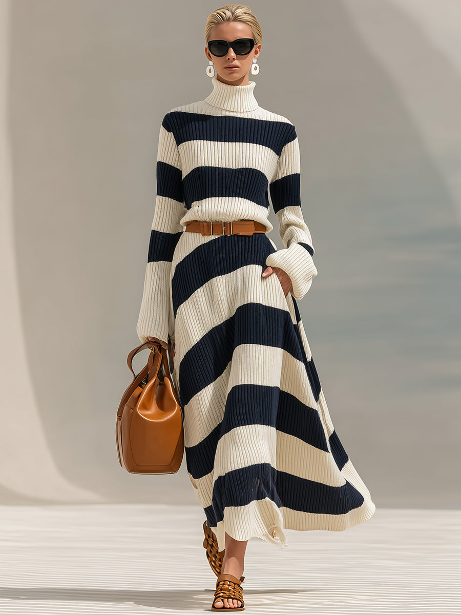 Robe maxi à manches longues en maille rayée bleu marine et blanche, élégante et tendance, col montant.