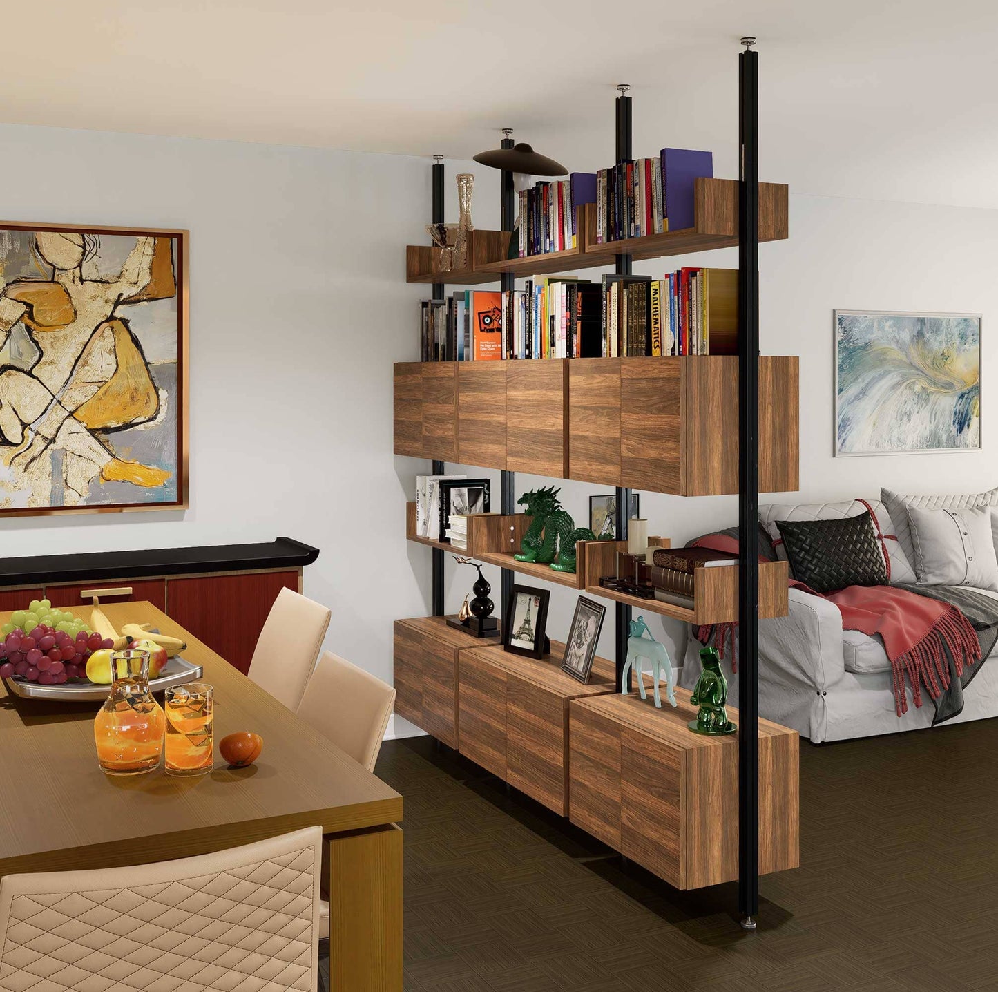 ModShelf Floor to Ceiling Room Divider Shelving with Cabinets