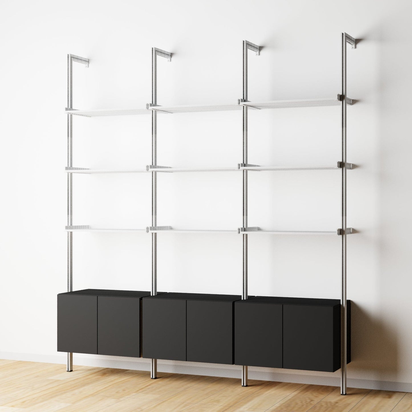 Modular Shelving Units - Aluminum Shelves and Wood Cabinets