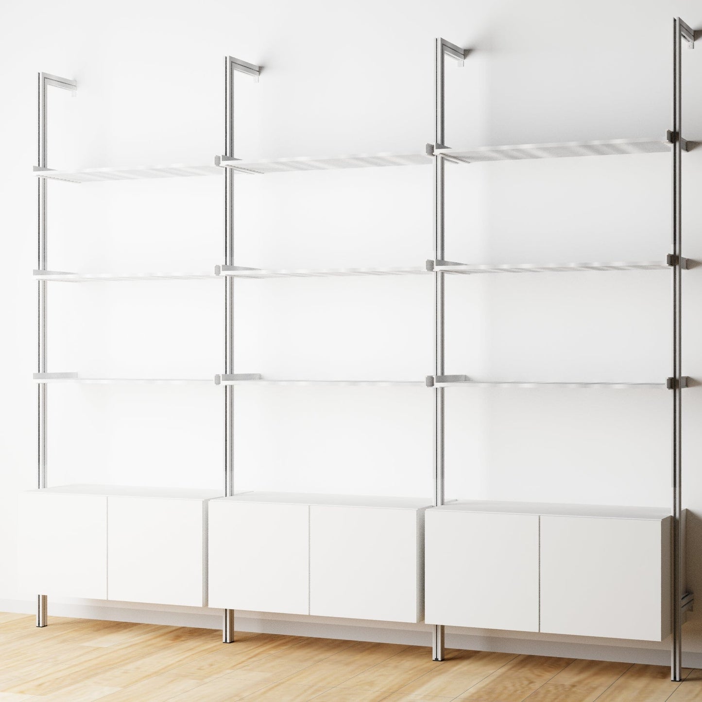 Modular Shelving Units - Aluminum Shelves and Wood Cabinets