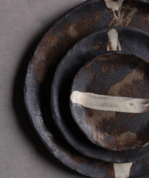 Striped Black Stoneware Salad/Dessert Plate Set