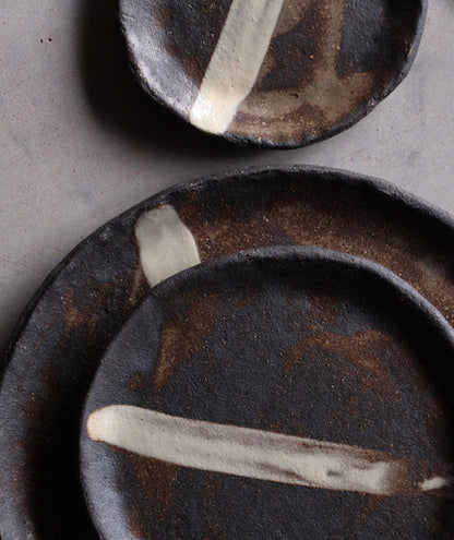 Striped Black Stoneware Salad/Dessert Plate Set