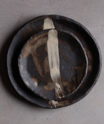 Striped Black Stoneware Salad/Dessert Plate Set