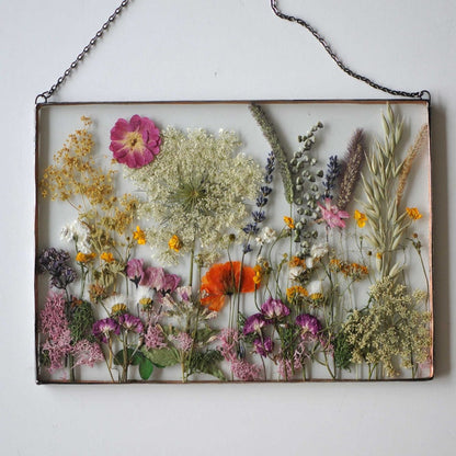 Pressed Flower Glass Decor – Real Dried Flowers in Stained Glass Frame – Botanical Wall Art, Anniversary Gift
