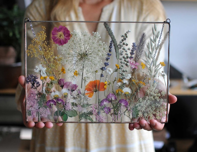 Pressed Flower Glass Decor – Real Dried Flowers in Stained Glass Frame – Botanical Wall Art, Anniversary Gift