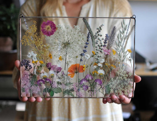 Pressed Flower Glass Decor – Real Dried Flowers in Stained Glass Frame – Botanical Wall Art, Anniversary Gift