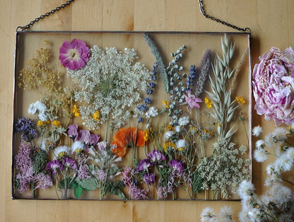 Pressed Flower Glass Decor – Real Dried Flowers in Stained Glass Frame – Botanical Wall Art, Anniversary Gift