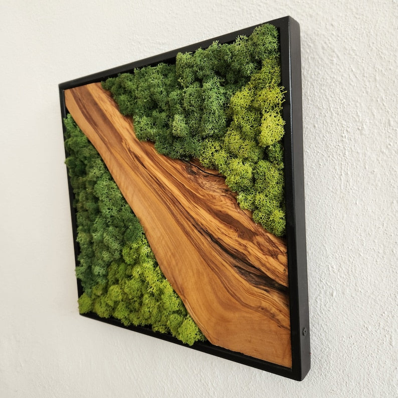 Custom Made Moss and Olive Wood Wall Art, Metal Frame Moss Wall Decor, Olive Wood and Moss Wall Art- Preserved Stabilized Moss Wall Decor