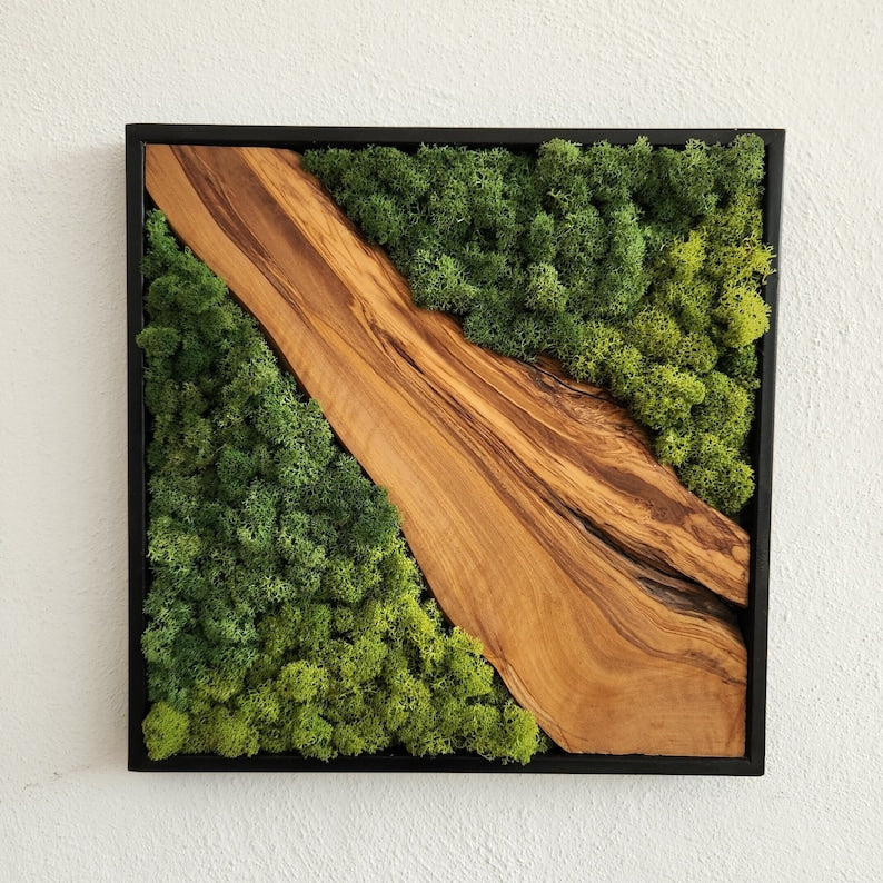 Custom Made Moss and Olive Wood Wall Art, Metal Frame Moss Wall Decor, Olive Wood and Moss Wall Art- Preserved Stabilized Moss Wall Decor