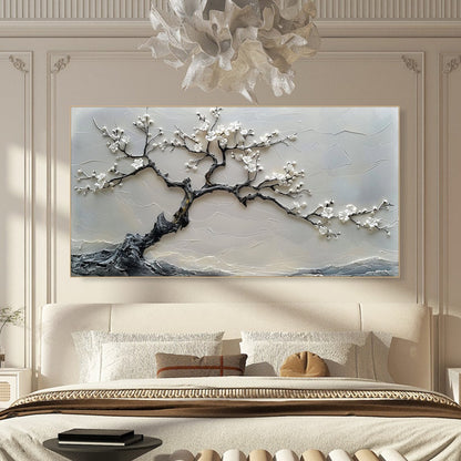 White Blossom Tree Painting Textured Wall Art 3D Canvas Art Floral Artwork Modern Home Decor Large Wall Art Living Room Decor Abstract Art