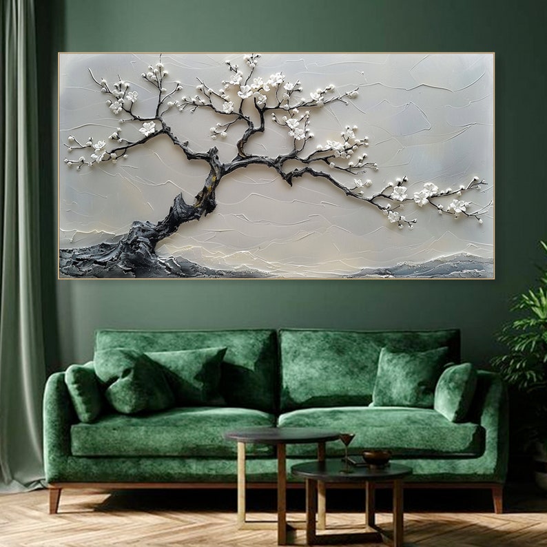 White Blossom Tree Painting Textured Wall Art 3D Canvas Art Floral Artwork Modern Home Decor Large Wall Art Living Room Decor Abstract Art