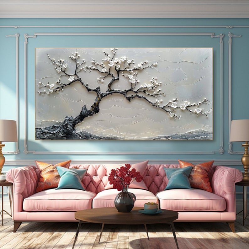 White Blossom Tree Painting Textured Wall Art 3D Canvas Art Floral Artwork Modern Home Decor Large Wall Art Living Room Decor Abstract Art