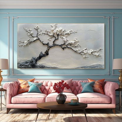 White Blossom Tree Painting Textured Wall Art 3D Canvas Art Floral Artwork Modern Home Decor Large Wall Art Living Room Decor Abstract Art