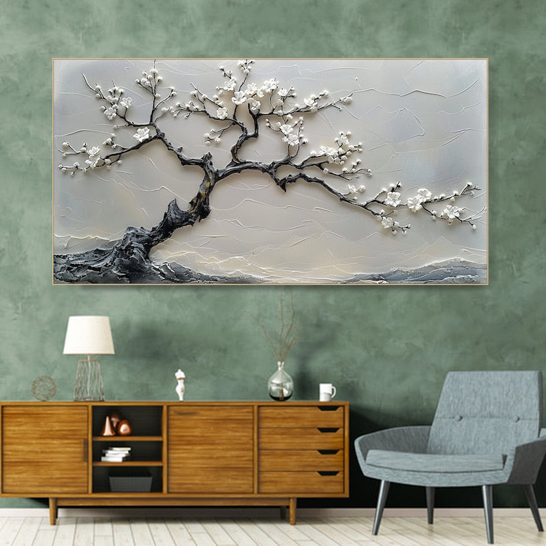 White Blossom Tree Painting Textured Wall Art 3D Canvas Art Floral Artwork Modern Home Decor Large Wall Art Living Room Decor Abstract Art
