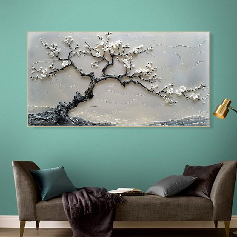 White Blossom Tree Painting Textured Wall Art 3D Canvas Art Floral Artwork Modern Home Decor Large Wall Art Living Room Decor Abstract Art