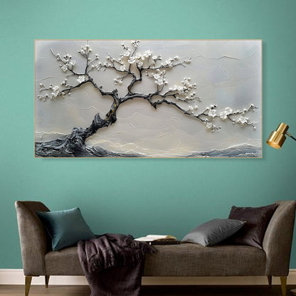 White Blossom Tree Painting Textured Wall Art 3D Canvas Art Floral Artwork Modern Home Decor Large Wall Art Living Room Decor Abstract Art