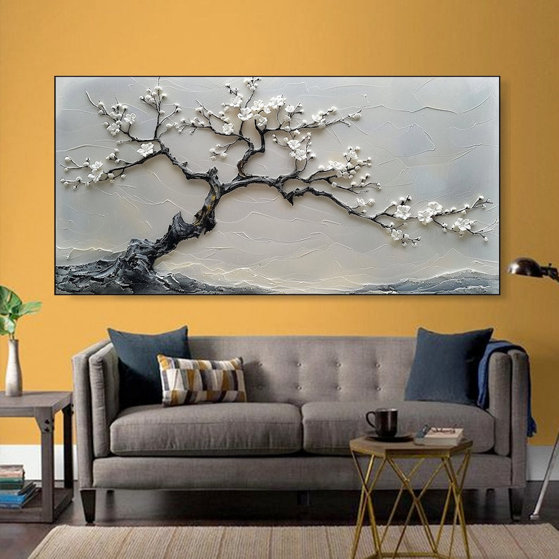 White Blossom Tree Painting Textured Wall Art 3D Canvas Art Floral Artwork Modern Home Decor Large Wall Art Living Room Decor Abstract Art