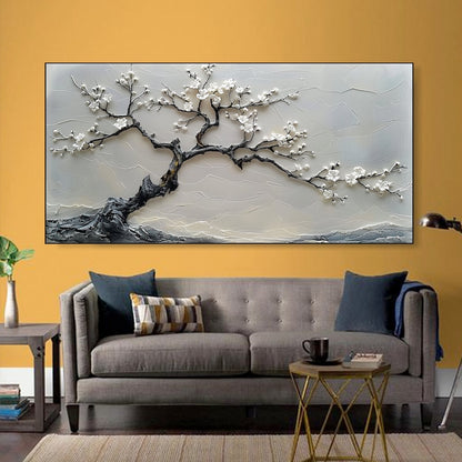 White Blossom Tree Painting Textured Wall Art 3D Canvas Art Floral Artwork Modern Home Decor Large Wall Art Living Room Decor Abstract Art