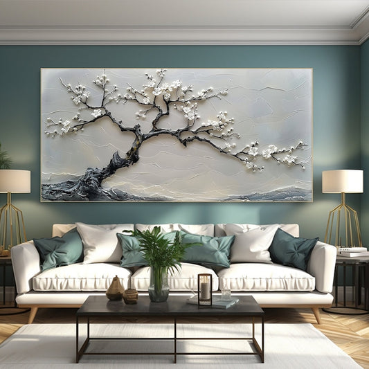White Blossom Tree Painting Textured Wall Art 3D Canvas Art Floral Artwork Modern Home Decor Large Wall Art Living Room Decor Abstract Art