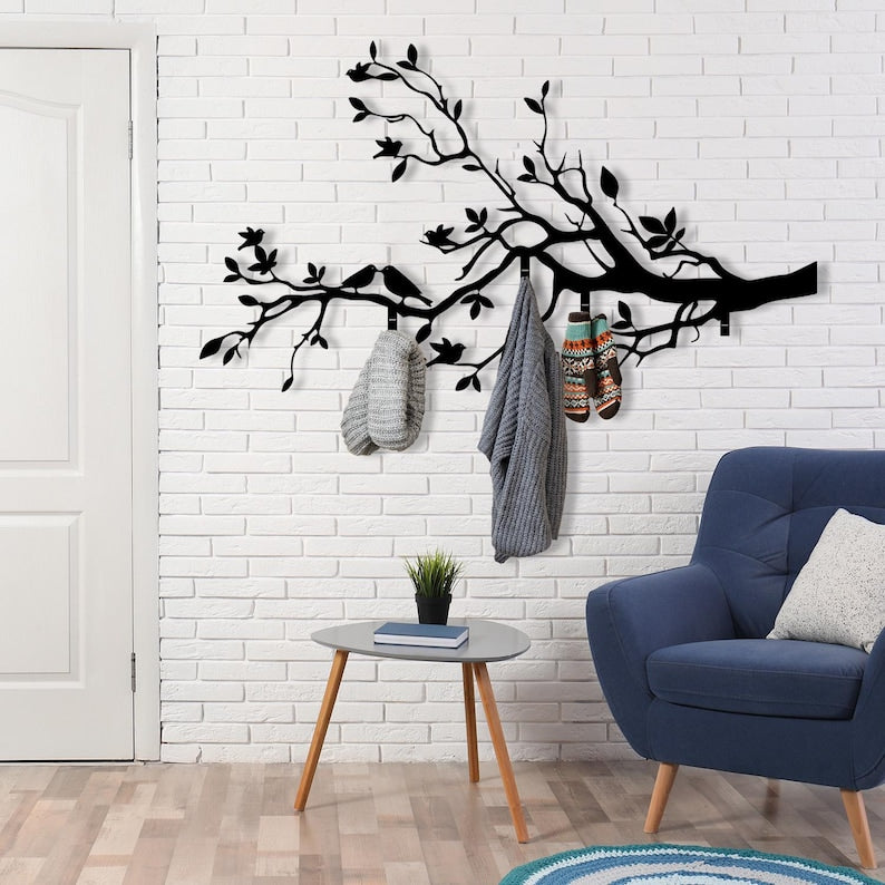 Large Metal Coat Rack, Tree Hooks Decor, Wall Mounted Coat Hanger Rack, Entryway Wall Art, Tree Metal Wall Decor, Farmhouse Industrial Decor