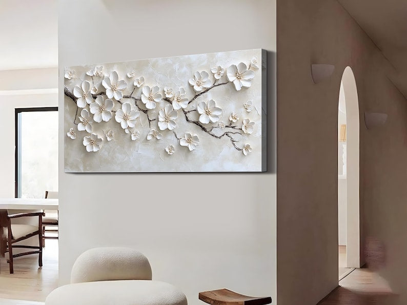 White Blossom Oil Painting 3D Textured Floral Wall Art Original Handmade Nature Artwork Large Minimalist Wall Decor Modern Bedroom Wall Art