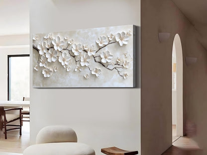 White Blossom Oil Painting 3D Textured Floral Wall Art Original Handmade Nature Artwork Large Minimalist Wall Decor Modern Bedroom Wall Art