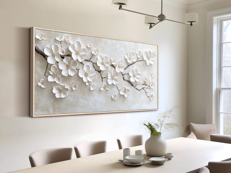 White Blossom Oil Painting 3D Textured Floral Wall Art Original Handmade Nature Artwork Large Minimalist Wall Decor Modern Bedroom Wall Art