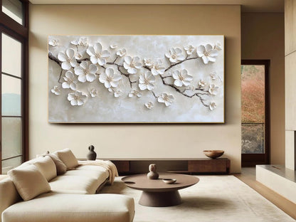 White Blossom Oil Painting 3D Textured Floral Wall Art Original Handmade Nature Artwork Large Minimalist Wall Decor Modern Bedroom Wall Art