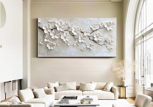 White Blossom Oil Painting 3D Textured Floral Wall Art Original Handmade Nature Artwork Large Minimalist Wall Decor Modern Bedroom Wall Art