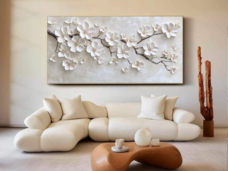 White Blossom Oil Painting 3D Textured Floral Wall Art Original Handmade Nature Artwork Large Minimalist Wall Decor Modern Bedroom Wall Art