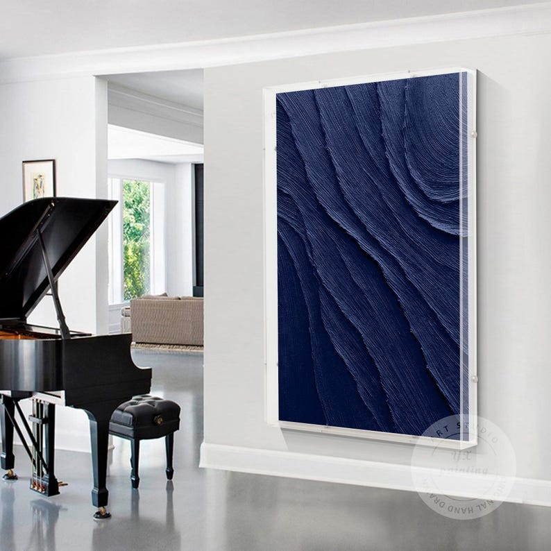 Navy Blue Art with a Acrylic Shadow Box Frame, Minimalist Painting on Canvas,  3D Textured Blue Ocean Wave Art, Large Size Blue Wall Decor