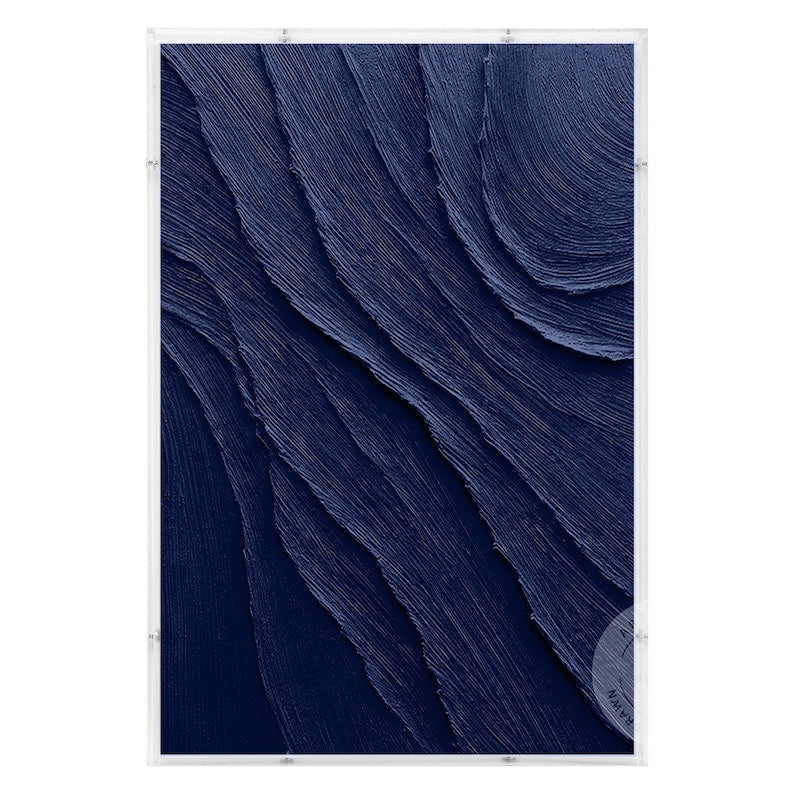 Navy Blue Art with a Acrylic Shadow Box Frame, Minimalist Painting on Canvas,  3D Textured Blue Ocean Wave Art, Large Size Blue Wall Decor