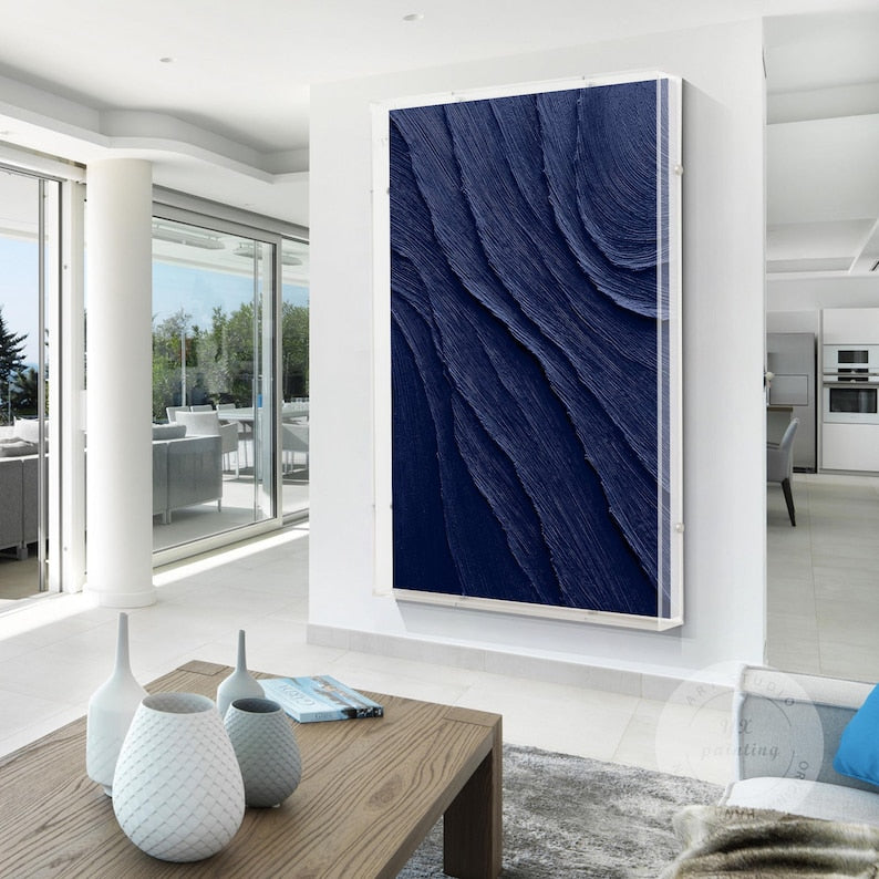 Navy Blue Art with a Acrylic Shadow Box Frame, Minimalist Painting on Canvas,  3D Textured Blue Ocean Wave Art, Large Size Blue Wall Decor