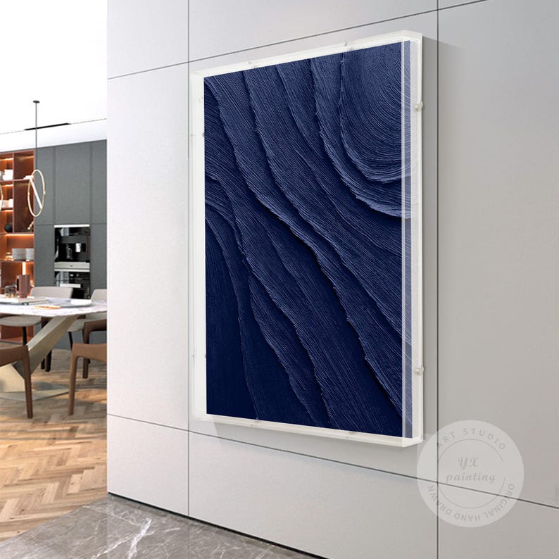 Navy Blue Art with a Acrylic Shadow Box Frame, Minimalist Painting on Canvas,  3D Textured Blue Ocean Wave Art, Large Size Blue Wall Decor