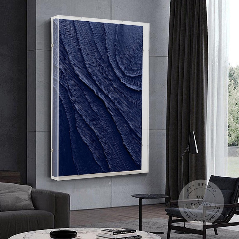 Navy Blue Art with a Acrylic Shadow Box Frame, Minimalist Painting on Canvas,  3D Textured Blue Ocean Wave Art, Large Size Blue Wall Decor