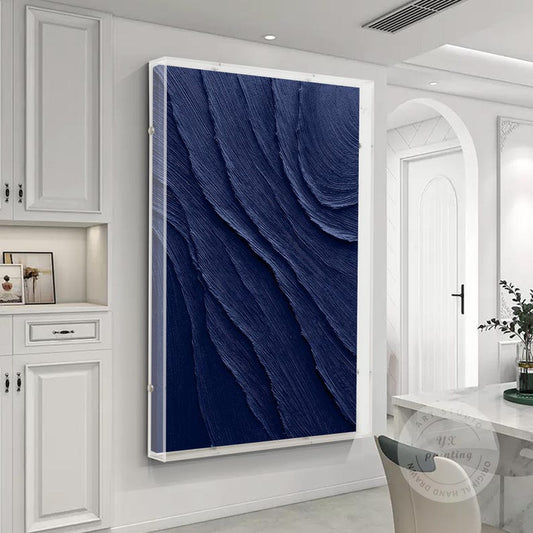 Navy Blue Art with a Acrylic Shadow Box Frame, Minimalist Painting on Canvas,  3D Textured Blue Ocean Wave Art, Large Size Blue Wall Decor