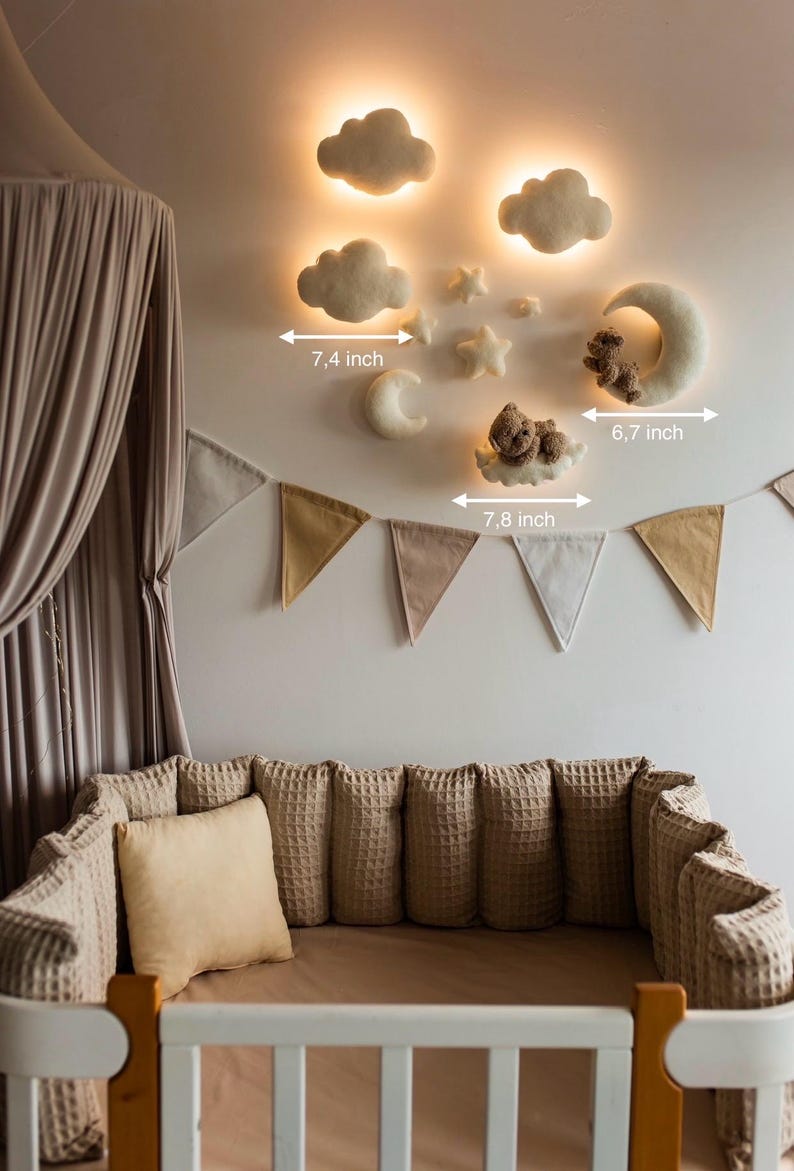 Handmade Bouclé Nursery Wall Decor: Teddy Bear, Moon, Stars LED Light