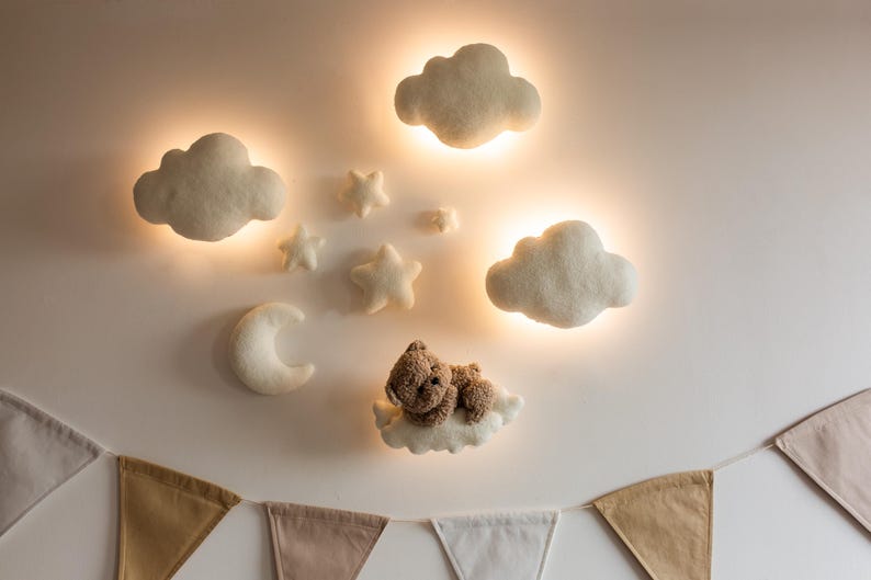 Handmade Bouclé Nursery Wall Decor: Teddy Bear, Moon, Stars LED Light
