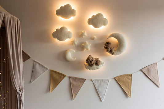 Handmade Bouclé Nursery Wall Decor: Teddy Bear, Moon, Stars LED Light