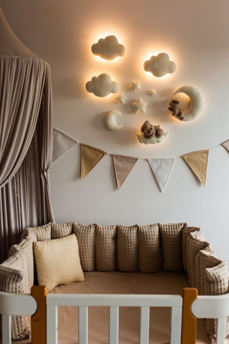 Handmade Bouclé Nursery Wall Decor: Teddy Bear, Moon, Stars LED Light