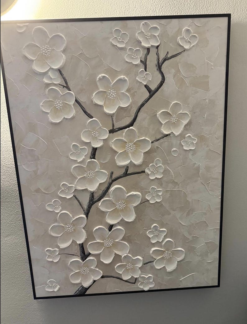 White Blossom Oil Painting 3D Textured Floral Wall Art Original Handmade Nature Artwork Large Minimalist Wall Decor Modern Bedroom Wall Art
