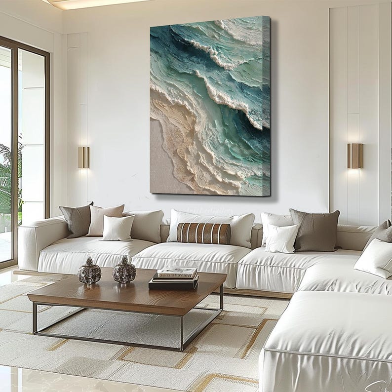 Textured Ocean Wave Oil Painting: 3D Impasto Coastal Art, Green Sea Decor
