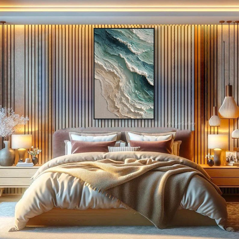 Textured Ocean Wave Oil Painting: 3D Impasto Coastal Art, Green Sea Decor
