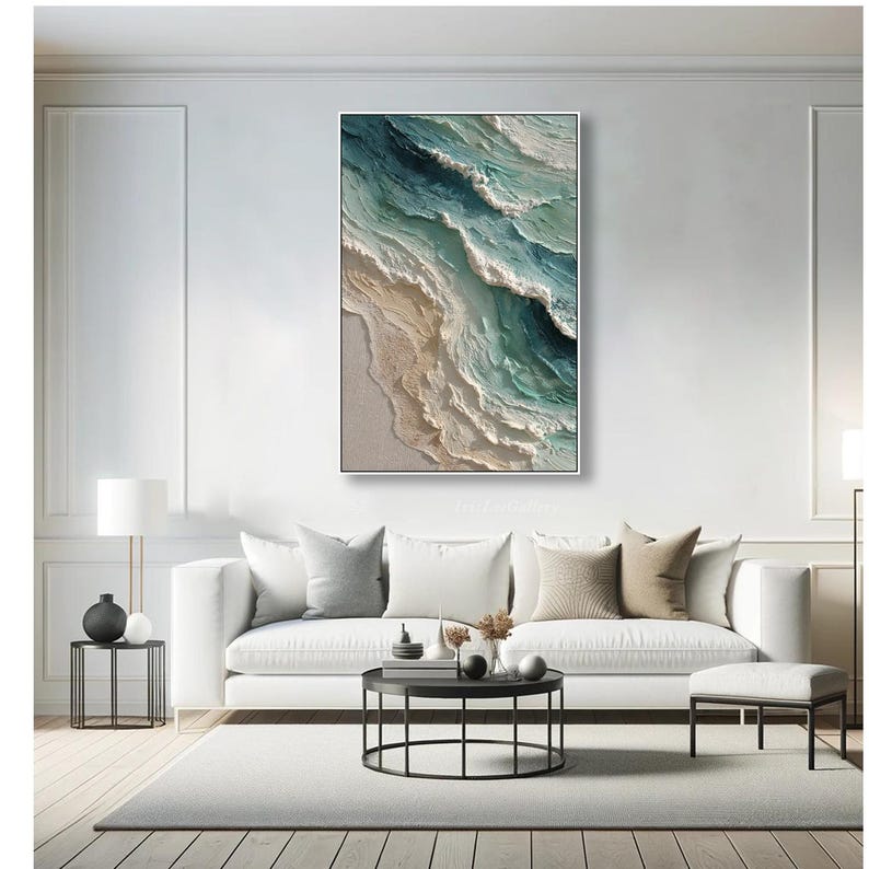 Textured Ocean Wave Oil Painting: 3D Impasto Coastal Art, Green Sea Decor