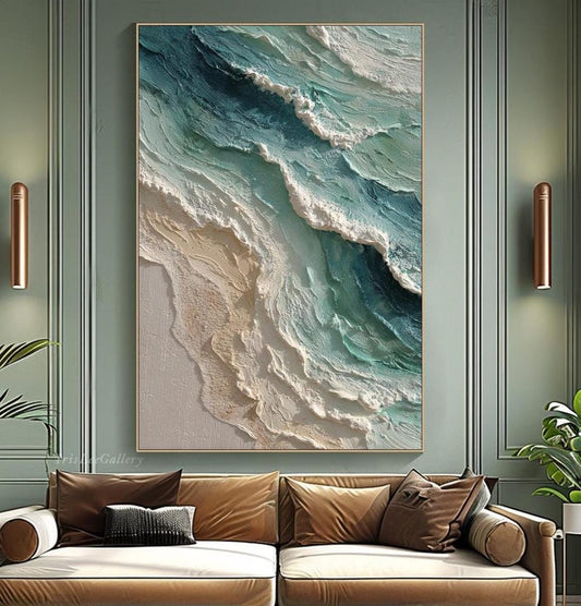 Textured Ocean Wave Oil Painting: 3D Impasto Coastal Art, Green Sea Decor