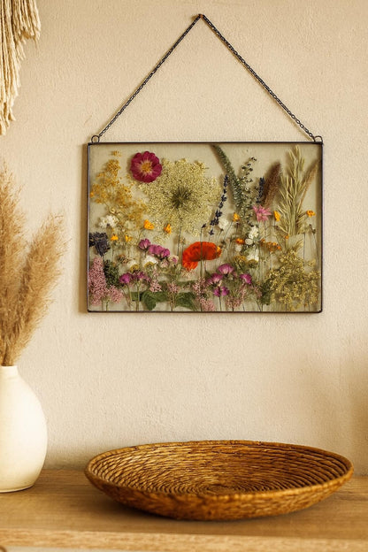 Pressed Flower Glass Decor – Real Dried Flowers in Stained Glass Frame – Botanical Wall Art, Anniversary Gift