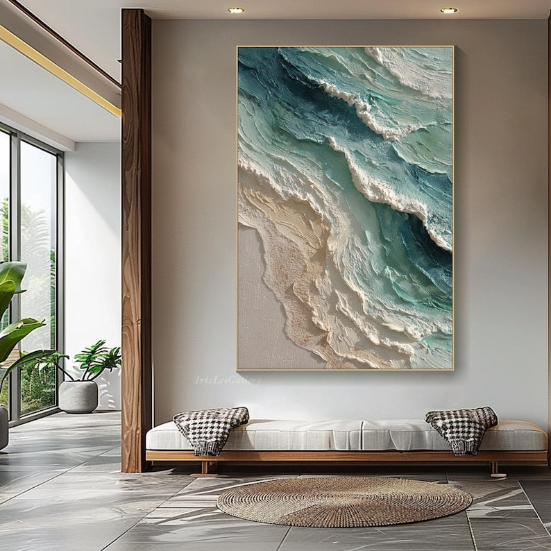 Textured Ocean Wave Oil Painting: 3D Impasto Coastal Art, Green Sea Decor