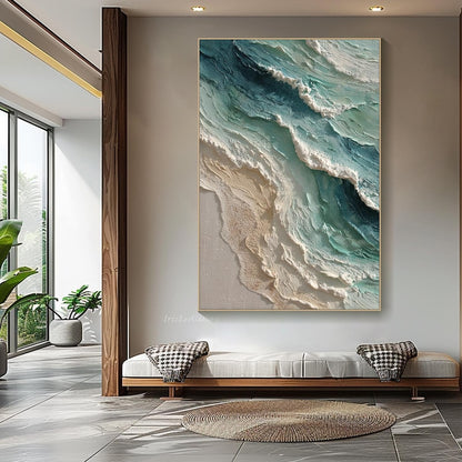 Textured Ocean Wave Oil Painting: 3D Impasto Coastal Art, Green Sea Decor