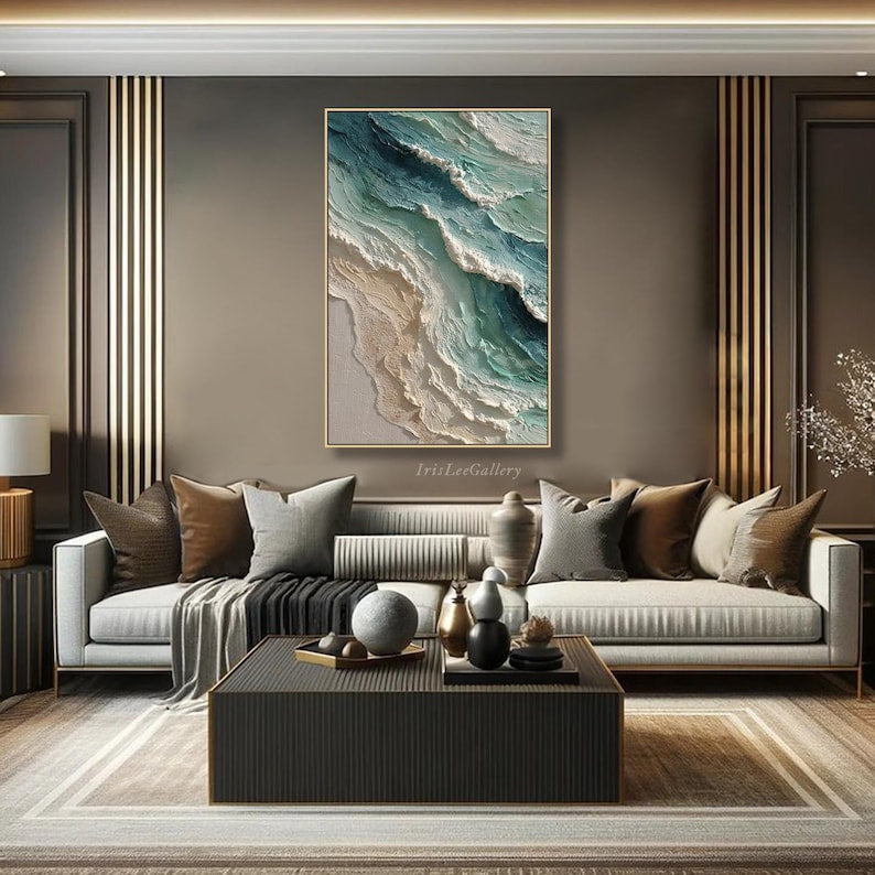 Textured Ocean Wave Oil Painting: 3D Impasto Coastal Art, Green Sea Decor